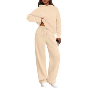 imagePRETTYGARDEN Womens 2 Piece Outfits Fall Sweatsuits Oversized Hoodies Wide Leg Sweatpants Tracksuits Lounge Matching SetsBeige