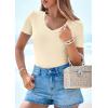 imagePRETTYGARDEN Women 2026 Spring Tops Trendy Ribbed Short Sleeve V Neck Fitted Basic Tee Shirts Casual Going Out Summer OutfitsBeige