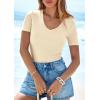 imagePRETTYGARDEN Women 2026 Spring Tops Trendy Ribbed Short Sleeve V Neck Fitted Basic Tee Shirts Casual Going Out Summer OutfitsBeige