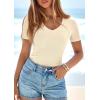 imagePRETTYGARDEN Women 2026 Spring Tops Trendy Ribbed Short Sleeve V Neck Fitted Basic Tee Shirts Casual Going Out Summer OutfitsBeige
