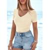 imagePRETTYGARDEN Women 2026 Spring Tops Trendy Ribbed Short Sleeve V Neck Fitted Basic Tee Shirts Casual Going Out Summer OutfitsBeige
