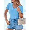 imagePRETTYGARDEN Women 2026 Spring Tops Trendy Ribbed Short Sleeve V Neck Fitted Basic Tee Shirts Casual Going Out Summer OutfitsLight Blue