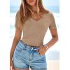 imagePRETTYGARDEN Women 2026 Spring Tops Trendy Ribbed Short Sleeve V Neck Fitted Basic Tee Shirts Casual Going Out Summer OutfitsLight Khaki