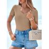 imagePRETTYGARDEN Women 2026 Spring Tops Trendy Ribbed Short Sleeve V Neck Fitted Basic Tee Shirts Casual Going Out Summer OutfitsLight Khaki