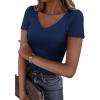 imagePRETTYGARDEN Women 2026 Spring Tops Trendy Ribbed Short Sleeve V Neck Fitted Basic Tee Shirts Casual Going Out Summer OutfitsNavy Blue
