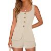 imagePRETTYGARDEN Womens 2 Piece Matching Sets 2026 Fashion Button Down Suit Vest Tops Shorts Set Spring Business Casual OutfitsBeige
