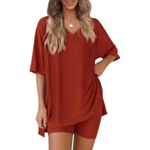 imagePRETTYGARDEN 2 Piece Sets for Women Summer 2026 Lounge Short Set Spring Matching Biker Shorts V Neck Oversized Shirt ClothingBrick Red