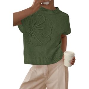 imagePRETTYGARDEN Womens 2026 Spring Sweater Vest Trendy Flower Knit Short Sleeve Cute Pullover Tank Tops Summer Fashion ClothingArmy Green