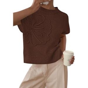 imagePRETTYGARDEN Womens 2026 Spring Sweater Vest Trendy Flower Knit Short Sleeve Cute Pullover Tank Tops Summer Fashion ClothingBrown