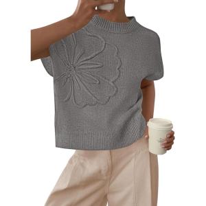 imagePRETTYGARDEN Womens 2026 Spring Sweater Vest Trendy Flower Knit Short Sleeve Cute Pullover Tank Tops Summer Fashion ClothingGrey