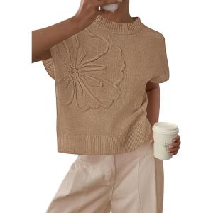 imagePRETTYGARDEN Womens 2026 Spring Sweater Vest Trendy Flower Knit Short Sleeve Cute Pullover Tank Tops Summer Fashion ClothingKhaki