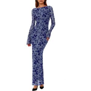 imagePRETTYGARDEN Womens Floral Bodycon Maxi Dress 2025 Fall Elegant Mesh Long Sleeve Formal Wedding Guest Cocktail DressesDusty Blue