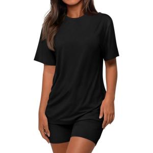 imagePRETTYGARDEN Womens Two Piece Matching Lounge Sets Summer Casual Tops Short Sleeve Shirts Shorts 2026 Travel Airport OutfitsBlack