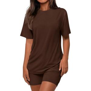 imagePRETTYGARDEN Womens Two Piece Matching Lounge Sets Summer Casual Tops Short Sleeve Shirts Shorts 2026 Travel Airport OutfitsBrown
