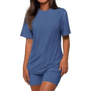 imagePRETTYGARDEN Womens Two Piece Matching Lounge Sets Summer Casual Tops Short Sleeve Shirts Shorts 2026 Travel Airport OutfitsDusty Blue