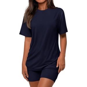 imagePRETTYGARDEN Womens Two Piece Matching Lounge Sets Summer Casual Tops Short Sleeve Shirts Shorts 2026 Travel Airport OutfitsNavy Blue