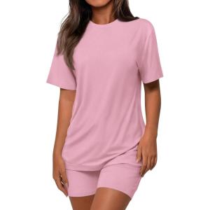 imagePRETTYGARDEN Womens Two Piece Matching Lounge Sets Summer Casual Tops Short Sleeve Shirts Shorts 2026 Travel Airport OutfitsPink
