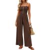 imagePRETTYGARDEN Jumpsuits for Women 2026 Summer Sleeveless Smocked Button Wide Leg Rompers Spring Travel One Piece OutfitsBrown