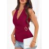 imagePRETTYGARDEN Womens Halter Top 2026 Spring Tie Wrap Sleeveless Ruched V Neck Fitted Summer Tops Backless Fashion Y2k ClothesWine Red