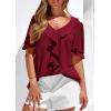 imagePRETTYGARDEN Womens Summer Dressy Casual Blouses 2026 Short Sleeve V Neck Ruffle Going Out Tops Shirt Trendy Spring OutfitsBurgundy