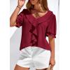 imagePRETTYGARDEN Womens Summer Dressy Casual Blouses 2026 Short Sleeve V Neck Ruffle Going Out Tops Shirt Trendy Spring OutfitsBurgundy