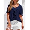 imagePRETTYGARDEN Womens Summer Dressy Casual Blouses 2026 Short Sleeve V Neck Ruffle Going Out Tops Shirt Trendy Spring OutfitsNavy Blue
