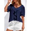 imagePRETTYGARDEN Womens Summer Dressy Casual Blouses 2026 Short Sleeve V Neck Ruffle Going Out Tops Shirt Trendy Spring OutfitsNavy Blue
