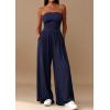 imagePRETTYGARDEN Womens Trendy Strapless Rompers 2026 Ruched Tube Top Wide Leg One Piece Jumpsuits Beach Vacation Summer OutfitsNavy Blue