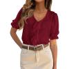 imagePRETTYGARDEN Womens Summer Dressy Casual Blouses 2026 Short Sleeve V Neck Ruffle Going Out Tops Shirt Trendy Spring OutfitsBurgundy