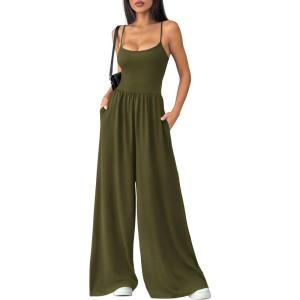 imagePRETTYGARDEN Summer Jumpsuits for Women Casual 2026 Wide Leg Date Night Rompers Sleeveless Beach Vacation One Piece OutfitsArmy Green