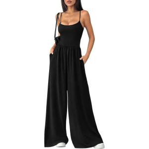 imagePRETTYGARDEN Summer Jumpsuits for Women Casual 2026 Wide Leg Date Night Rompers Sleeveless Beach Vacation One Piece OutfitsBlack