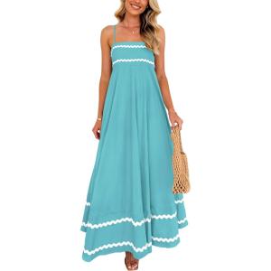 imagePRETTYGARDEN Womens 2025 Summer Flowy Maxi Dress Casual Sleeveless Spaghetti Strap Ruffle Beach Long DressesAqua Green