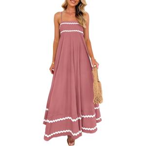 imagePRETTYGARDEN Womens 2025 Summer Flowy Maxi Dress Casual Sleeveless Spaghetti Strap Ruffle Beach Long DressesDark Pink