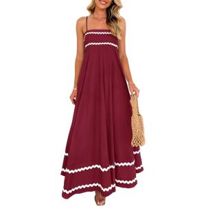 imagePRETTYGARDEN Womens 2025 Summer Flowy Maxi Dress Casual Sleeveless Spaghetti Strap Ruffle Beach Long DressesDark Red