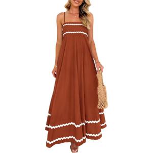 imagePRETTYGARDEN Womens 2025 Summer Flowy Maxi Dress Casual Sleeveless Spaghetti Strap Ruffle Beach Long DressesRust