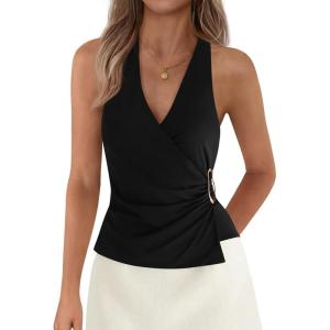 imagePRETTYGARDEN Womens Halter Top 2026 Spring Tie Wrap Sleeveless Ruched V Neck Fitted Summer Tops Backless Fashion Y2k ClothesBlack