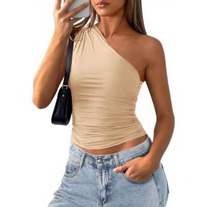 imagePRETTYGARDEN Womens Sleeveless One Shoulder Tank Top Ruched Slim Fit Shirts Basic Crop Y2k Tops 2026 Spring Fashion ClothingLight Khaki