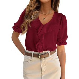 imagePRETTYGARDEN Womens Summer Dressy Casual Blouses 2026 Short Sleeve V Neck Ruffle Going Out Tops Shirt Trendy Spring OutfitsBurgundy