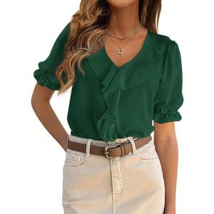 imagePRETTYGARDEN Womens Summer Dressy Casual Blouses 2026 Short Sleeve V Neck Ruffle Going Out Tops Shirt Trendy Spring OutfitsDark Green