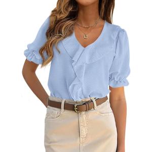 imagePRETTYGARDEN Womens Summer Dressy Casual Blouses 2026 Short Sleeve V Neck Ruffle Going Out Tops Shirt Trendy Spring OutfitsLight Blue