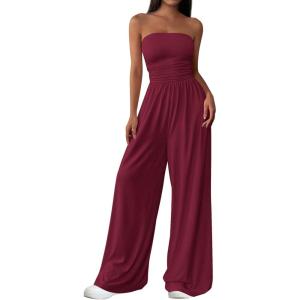 imagePRETTYGARDEN Womens Trendy Strapless Rompers 2026 Ruched Tube Top Wide Leg One Piece Jumpsuits Beach Vacation Summer OutfitsWine Red