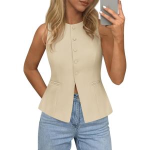 imagePRETTYGARDEN Womens Vests Top Trendy 2026 Spring Sleeveless Blazer Suit Summer Business Casual Work Button Down WaistcoatBeige