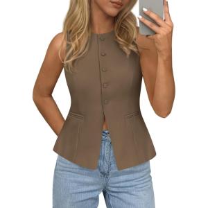 imagePRETTYGARDEN Womens Vests Top Trendy 2026 Spring Sleeveless Blazer Suit Summer Business Casual Work Button Down WaistcoatBrown