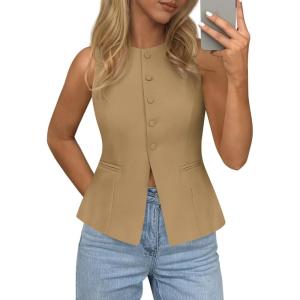 imagePRETTYGARDEN Womens Vests Top Trendy 2026 Spring Sleeveless Blazer Suit Summer Business Casual Work Button Down WaistcoatKhaki
