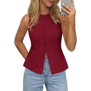 imagePRETTYGARDEN Womens Vests Top Trendy 2026 Spring Sleeveless Blazer Suit Summer Business Casual Work Button Down WaistcoatWine Red