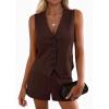imagePRETTYGARDEN 2 Piece Sets for Women Spring Fashion 2026 Button Vest Tops High Waist Shorts Summer Business Casual OutfitsBrown