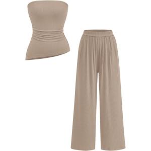imagePRETTYGARDEN Summer Sets Women 2 Piece Outfits Asymmetrical Tube Tops and Pants Beach Vacation Airport Matching Lounge SetKhaki