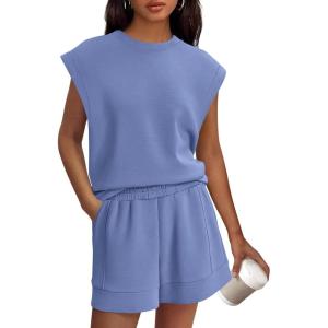 imagePRETTYGARDEN Womens 2 Piece Lounge Shorts Sets 2026 Summer Travel Outfits Casual Beach Vacation Clothes Spring SweatsuitsBlue
