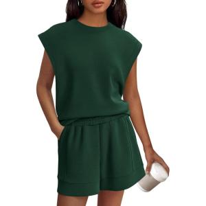 imagePRETTYGARDEN Womens 2 Piece Lounge Shorts Sets 2026 Summer Travel Outfits Casual Beach Vacation Clothes Spring SweatsuitsDark Green