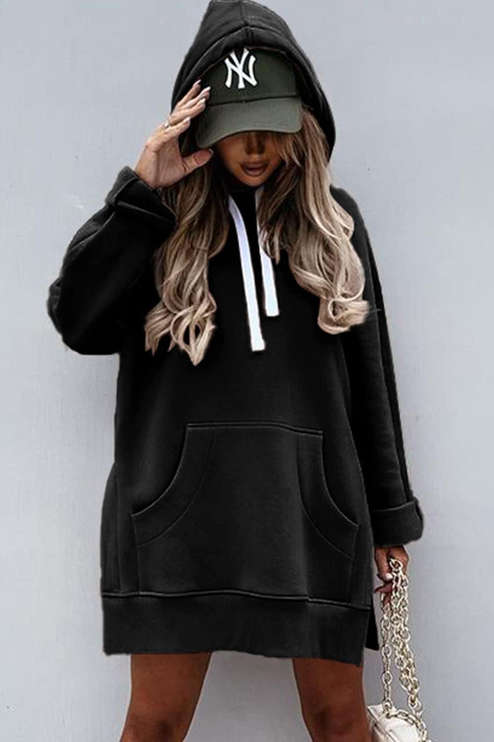 imagePRETTYGARDEN Sweatshirt for Women 2025 Fall Oversized Pullover Long Sleeve Casual Hoodie Dress Kangaroo Pocket Winter ClothesBlack